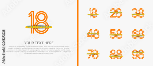 anniversary logo set with yellow ribbon. orange number on white background for celebration moment