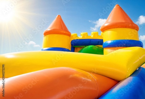 Vibrant inflatable bounce house castle with slides under bright blue sky and sun, children playing, outdoor summer fun party, joyful amusement attraction recreation leisure entertainment