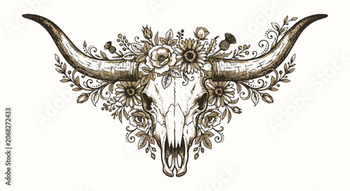 Boho style longhorn bull skull with floral decoration vector illustration