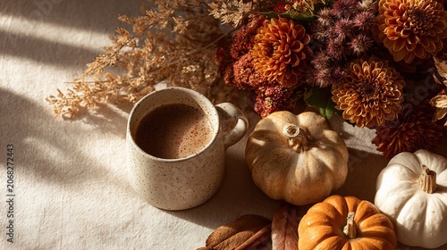 Autumn still life with pumpkins, coffee, and flowers on table