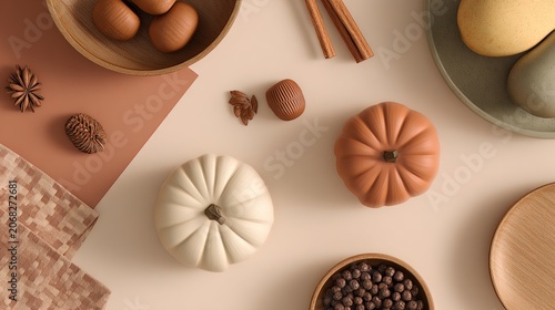 Autumn still life with pumpkins and spices on table