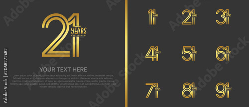anniversary logo set with gold ribbon. golden number on black background for celebration moment