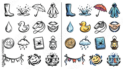 Fotografía Collection of hand-drawn icons representing rainy weather and outdoor activities, including boots, umbrella, raincoat, and rubber duck
