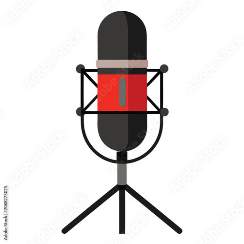 Red studio microphone flat vector icon for podcast audio