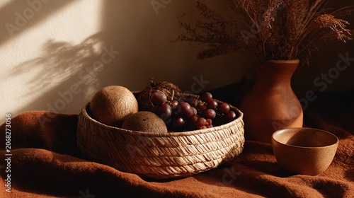 Still life with wicker basket, fruits and vase on table