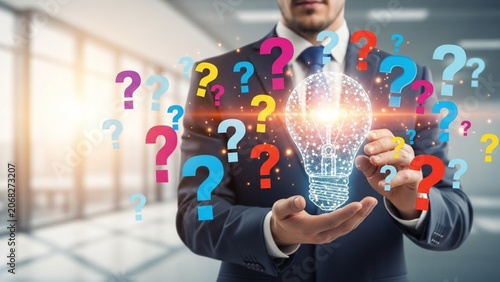 Professional Man with Digital Idea Bulb and Multicolored Question Marks for Business Problem Solving
