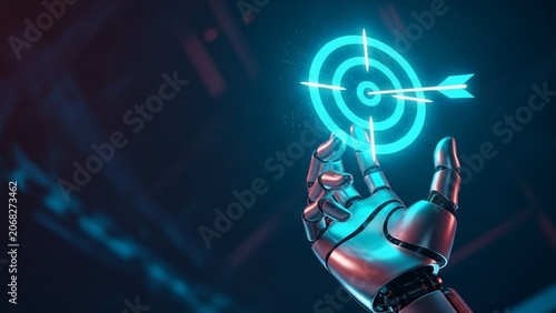 Futuristic Robotic Hand Interacting with a Holographic Target and Arrow Symbolizing AI Precision and Goal Setting