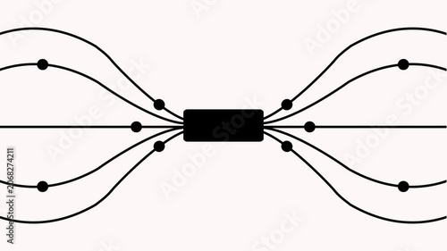 Black Digital Network Hub Animation with Flowing Data Nodes and Curved Connection Lines on White Background.