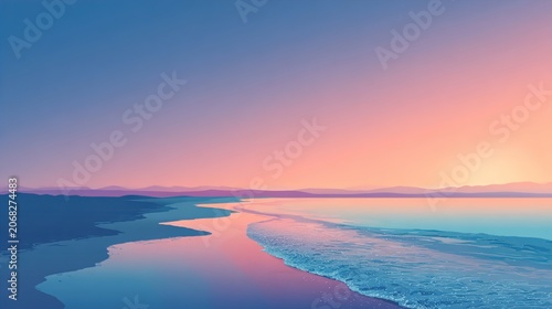 Serene beach at sunset with calm waters and vibrant sky