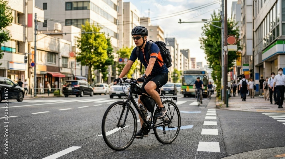 Fototapeta premium Man Riding Bicycle in Urban Setting during Daytime Commute