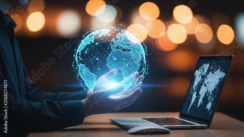 Digital Global Network Connection With A Glowing Holographic Earth Globe Concept Representing Modern Online Connectivity