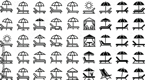 Foto Beach Lounge Chair and Umbrella Icon Set for Summer Resort Design