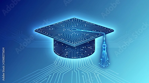 Glowing blue graduation cap with circuit board design on top and tassel hanging down, symbolizing technological education and innovation in academic achievement