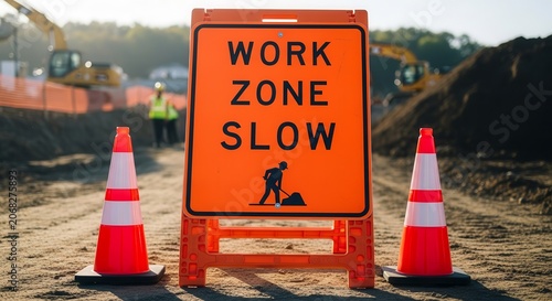 Work Zone Ahead: Construction Site Road Safety Sign and Traffic Cones Warning Motorists