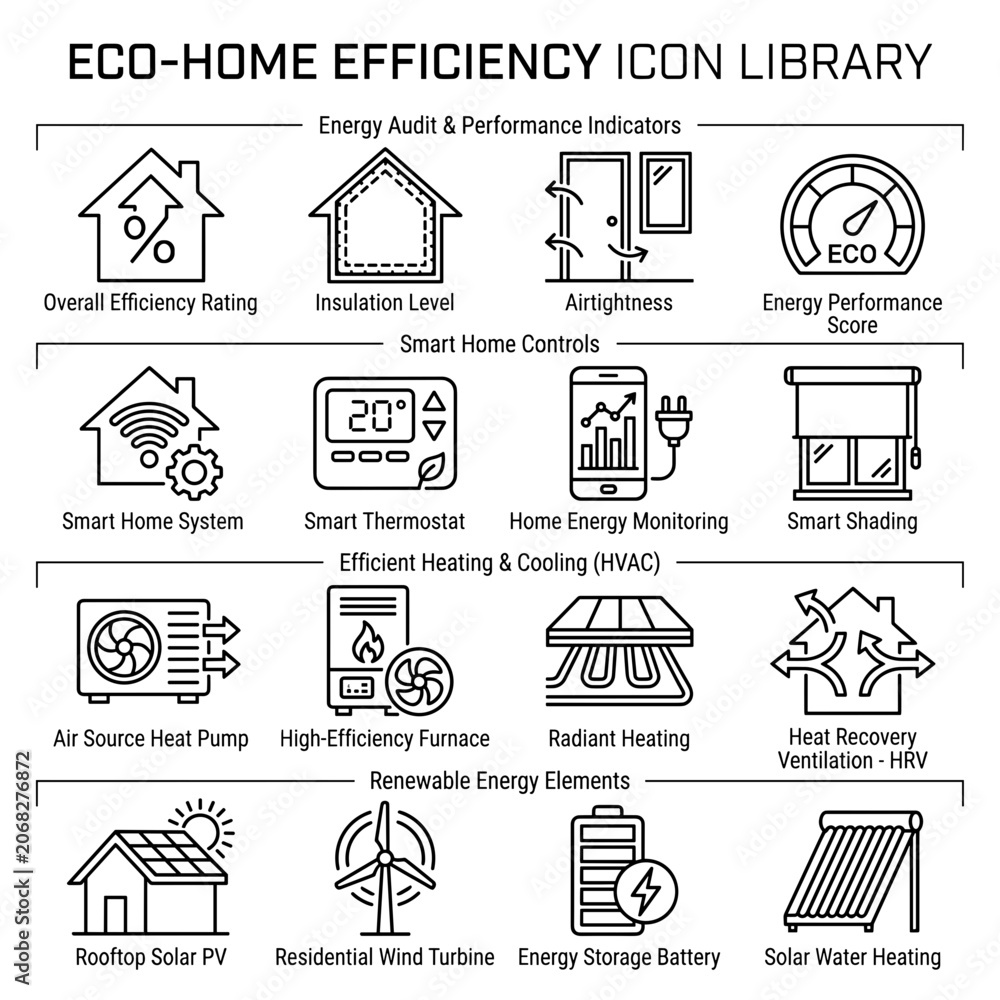 Fototapeta premium Eco-friendly home efficiency icons illustrate sustainable living solutions indoors.