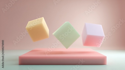 Colorful 3D cubes floating in mid-air, pastel background