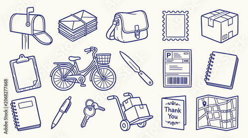 Fotografie Collection of hand-drawn postal and delivery service icons, including a mailbox, letters, package, and bicycle