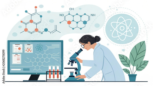 Scientist working at a microscope with computer and chemical structures floating above her head in a laboratory setting with a plant