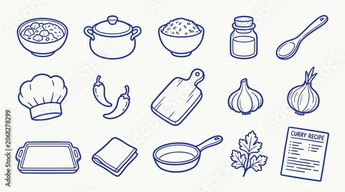 Tableau sur toile Collection of hand-drawn icons representing ingredients and cooking utensils for preparing food
