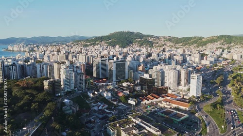 High Angle Aerial Shot of Florianopolis Beira Mar Norte Cityscape with Skyscrapers Public Park and Ocean Bay