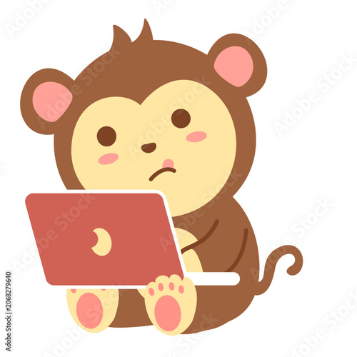 Photography Cute monkey mascot character using laptop computer, work theme kawaii style illustration isolated on white background