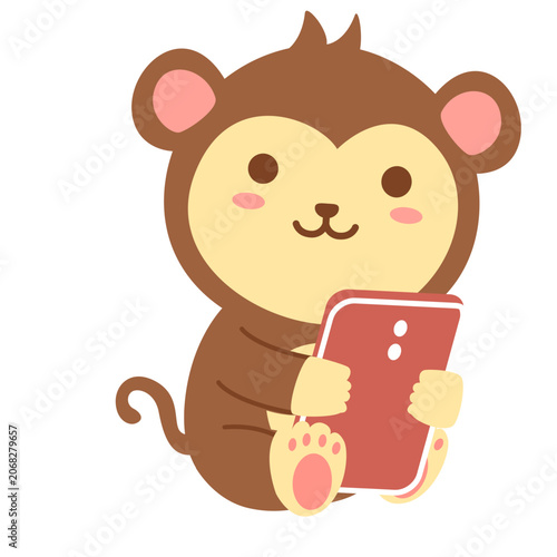 Canvas Print Cute monkey mascot character holding smartphone mobile phone, technology theme kawaii style illustration isolated background