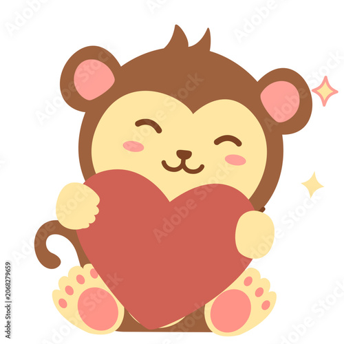 Canvas Print Cute monkey mascot character holding red heart shape, love theme kawaii illustration