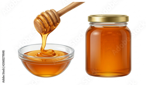 Cuadro en lienzo Natural honey dripping from wooden dipper into glass bowl with honey jar isolate