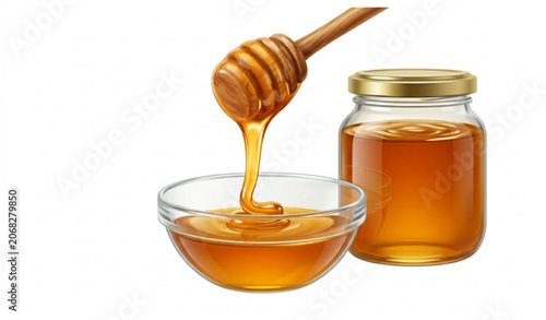Fotografía Natural honey dripping from wooden dipper into glass bowl with honey jar isolate
