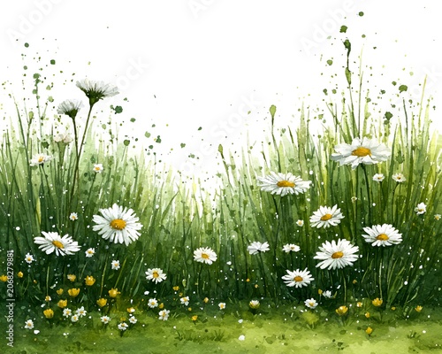 Beautiful watercolor painting of white daisies blooming in a vibrant green spring meadow with fresh grass