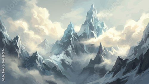 Fotografie Mountain Range Scene With Clouds, Digital Painting Style