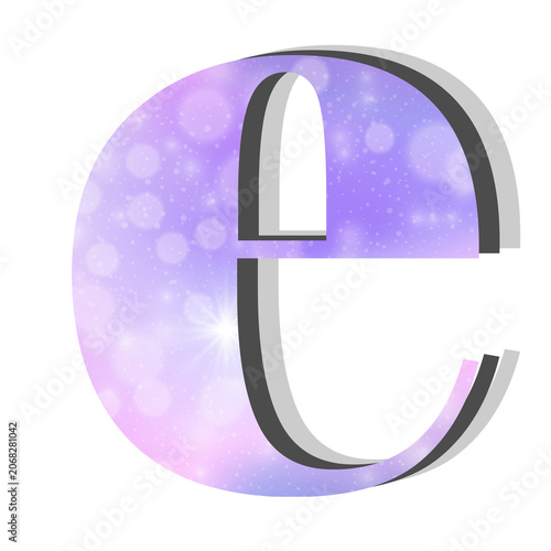 Lowercase letter e with a vibrant purple galaxy bokeh background