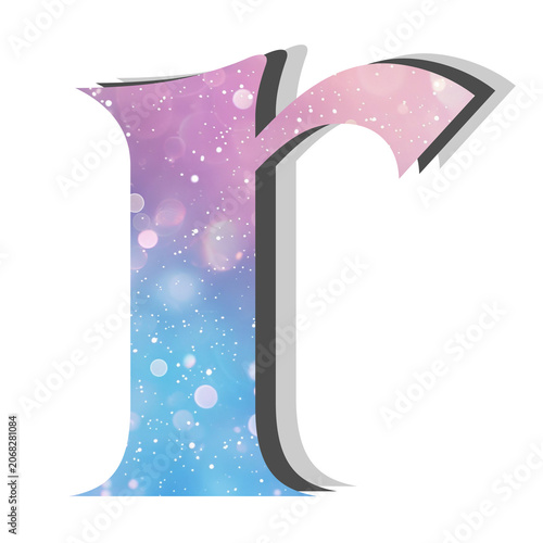Vibrant ethereal lowercase letter 'r' design, showcasing a beautiful pink and blue pastel gradient with sparkling bokeh effects, ideal for modern branding and creative digital art