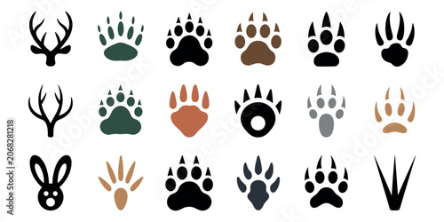 Canvas Print Collection of animal tracks and antlers in various colors and styles paw prints