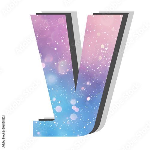Vibrant 3D Letter V with Cosmic Gradient Texture and Sparkling Bokeh Lights; An abstract alphabet design element, perfect for celestial graphics, modern branding, and artistic layouts