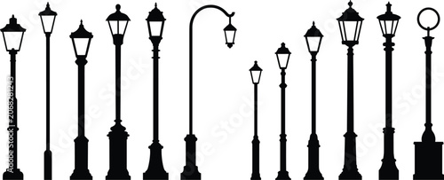 Cuadro en lienzo Vintage street lamp post silhouette set retro city lamppost icons collection iso