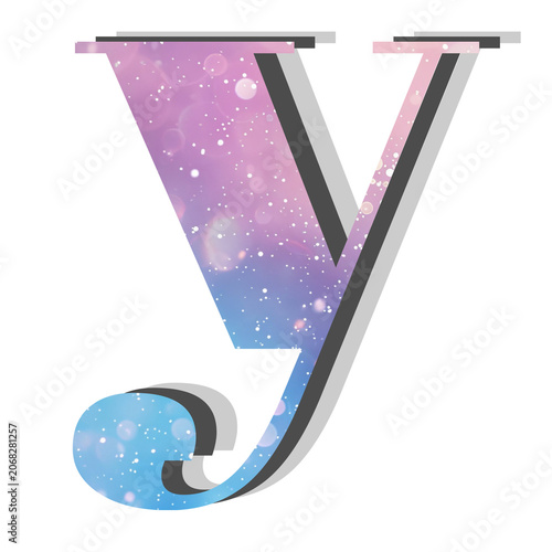 3D Stylized Letter Y with Cosmic Galaxy Nebula Texture and Sparkling Starry Space Effect on White Background