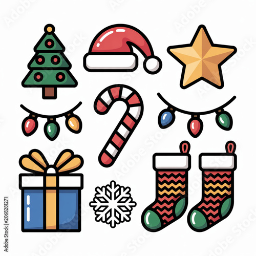 Christmas tree, santa hat, star, candy cane, lights, gift, snowflake, stockings