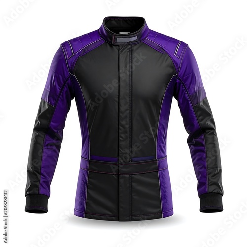 Purple and black hooded winter jacket front view.