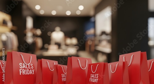 Shopping bags printed with Sales Friday text stand in a neat row before a blurred retail store interior.