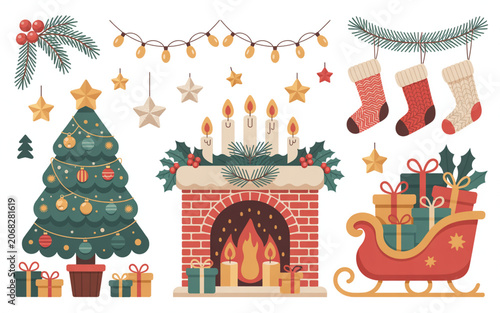 Festive christmas collection with tree, fireplace, and sleigh