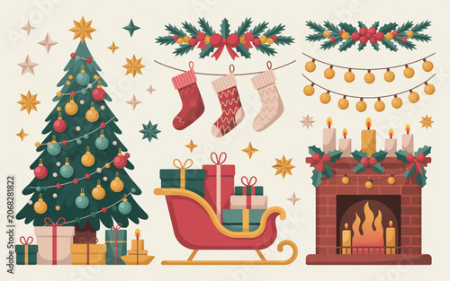 Festive christmas flat collection with tree, fireplace, and sleigh