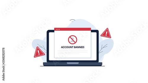 4k Laptop with Warning Sign. Account Suspension, Online Restriction Concept Animation Video 