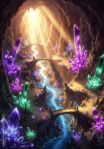 Enchanted Crystal Grotto: Luminescent Gems, Radiant Light, Azure River, Mystical Ambiance.