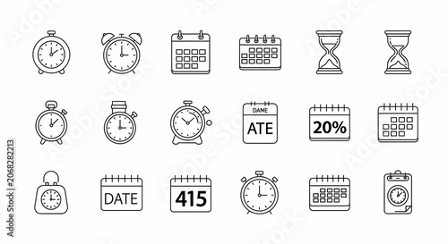 Vector Icons: Time and Date Symbols - Clocks, Calendars, Hourglasses - Artistic Collection