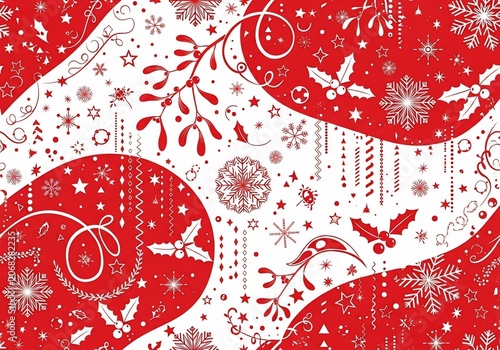 Festive Red & White Holiday Pattern: Twinkling Snowflakes, Holly & Mistletoe Garland - Digital Art
