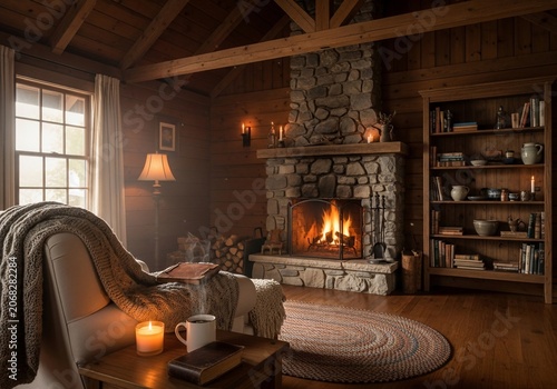 Cozy cabin glow: Hearth, books, and soft light by the window.