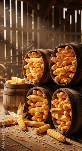 Rustic Harvest: Golden Corn Piled High in Aged Wooden Barrels, Sunlit Barn Interior.