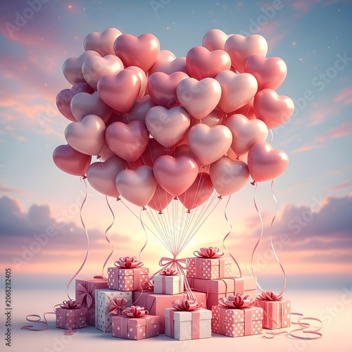 Heart balloons drift above a collection of wrapped gift boxes during a sunset celebration that symbolizes love and romantic gifting.