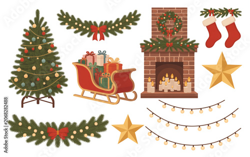 Festive christmas tree, sleigh, fireplace, stockings, garland, lights, stars